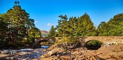 Calm waters of Dochart falls flowing under a stone bridge surrounded by trees