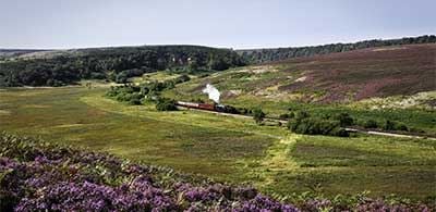 Steam train travelling along North York trainline in Moors