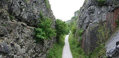 Rough rocks line the Monsal trail