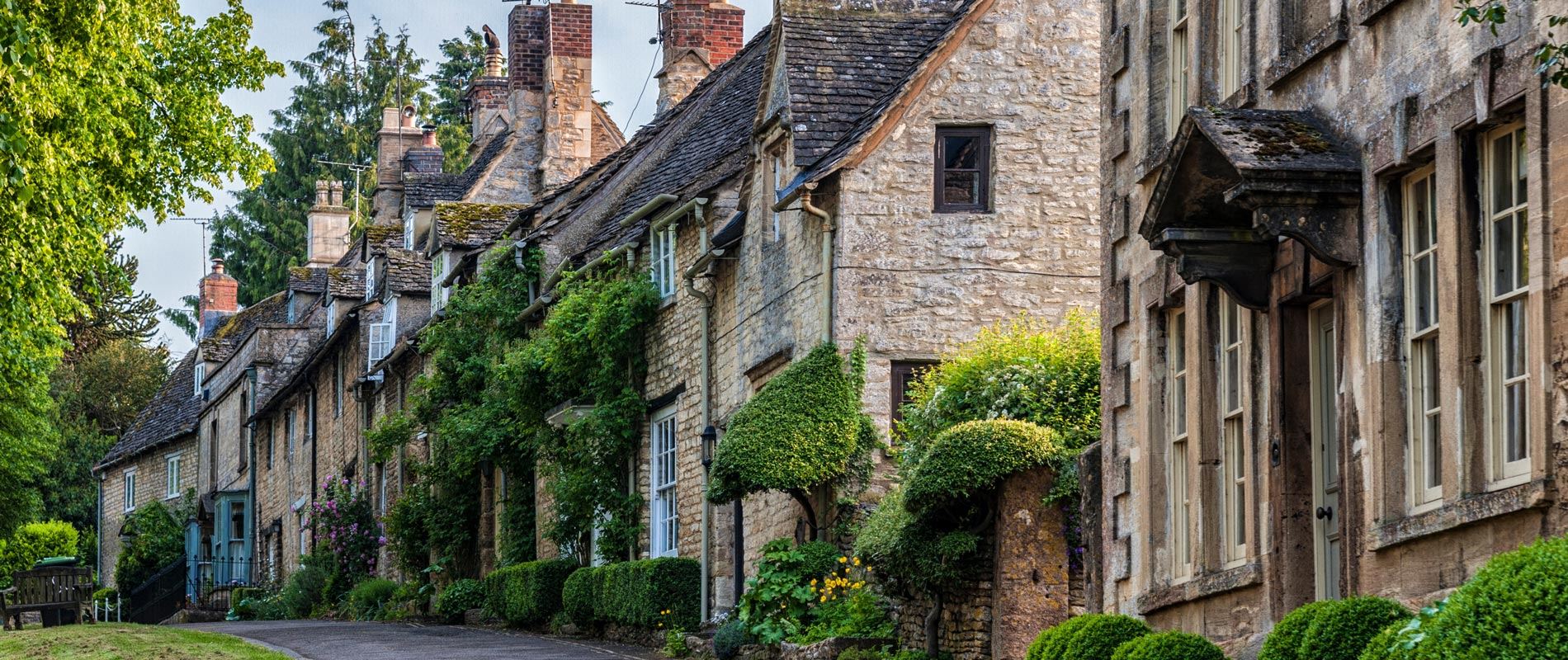 A street lined with old cobbled houses with green foliage framing the windows