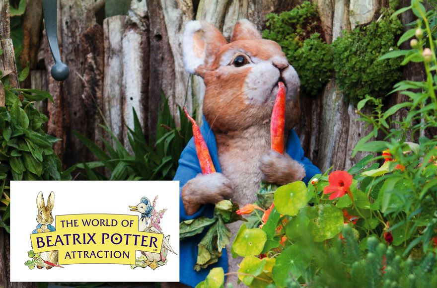 A stuffed figure of Peter Rabbit holding 2 carrots against a woodland themed background