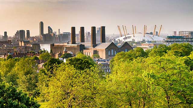 The view across the trees to the O2 at Greenwich, from Abbey Wood Club Campsite