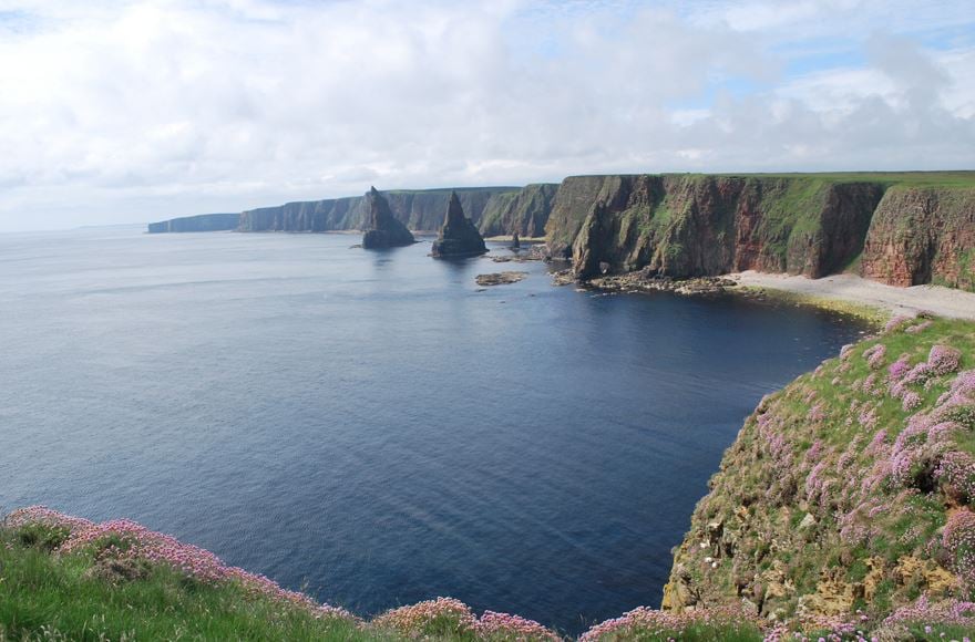 Grassy cliff tops almost immediately looking down and across the bay with cliffs getting small and smaller against the sunny but clouded sky