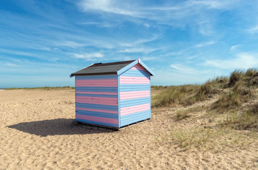 Blue and pink  beach hut near Great Yarmouth