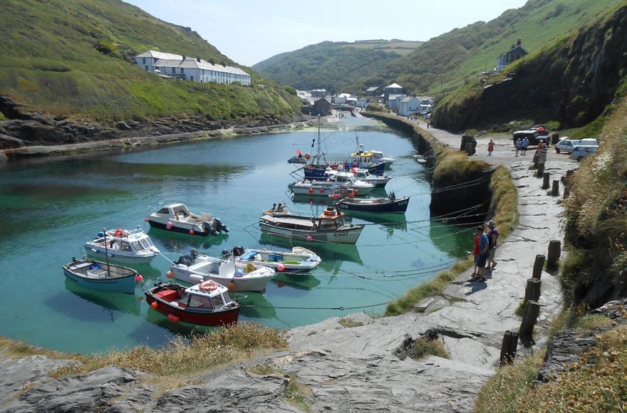 Multiple small boats moored on Boscastle harbour 