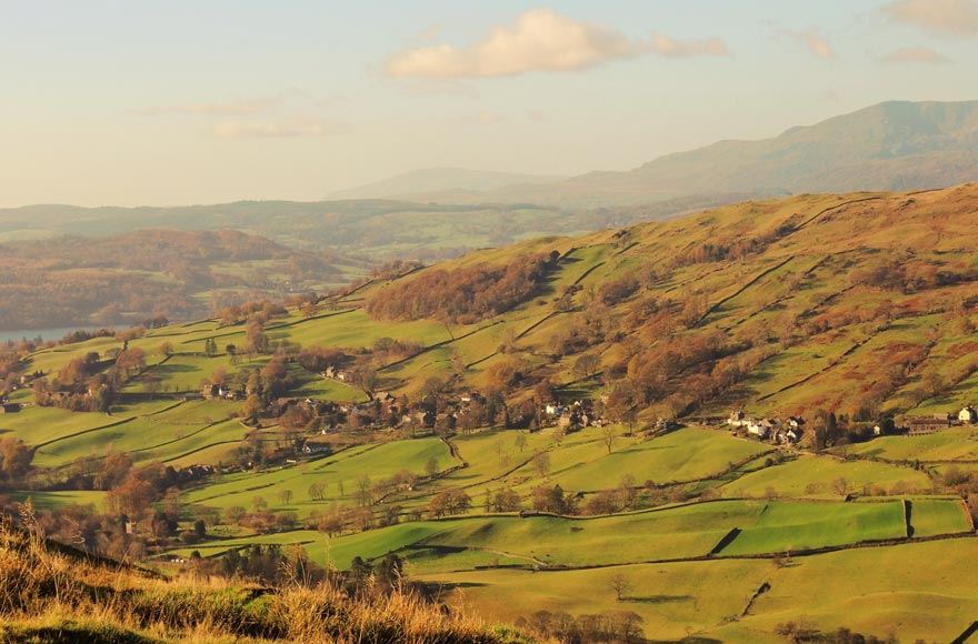 North Lake District scene with rolling hills in late afternoon sun