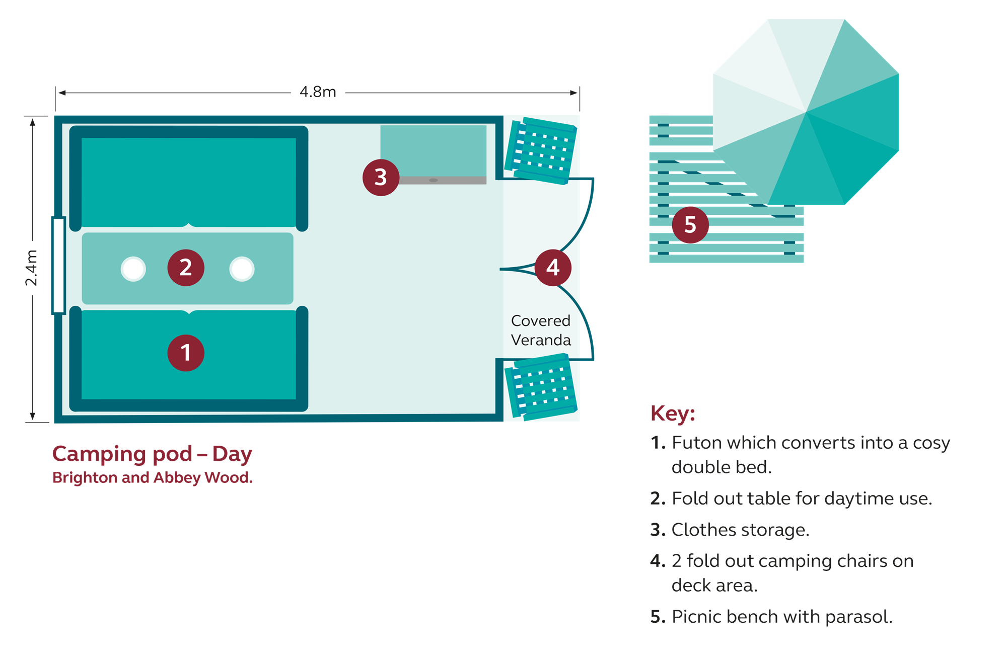 daytime floor plan for brighton and abbey wood campsite camping pods 