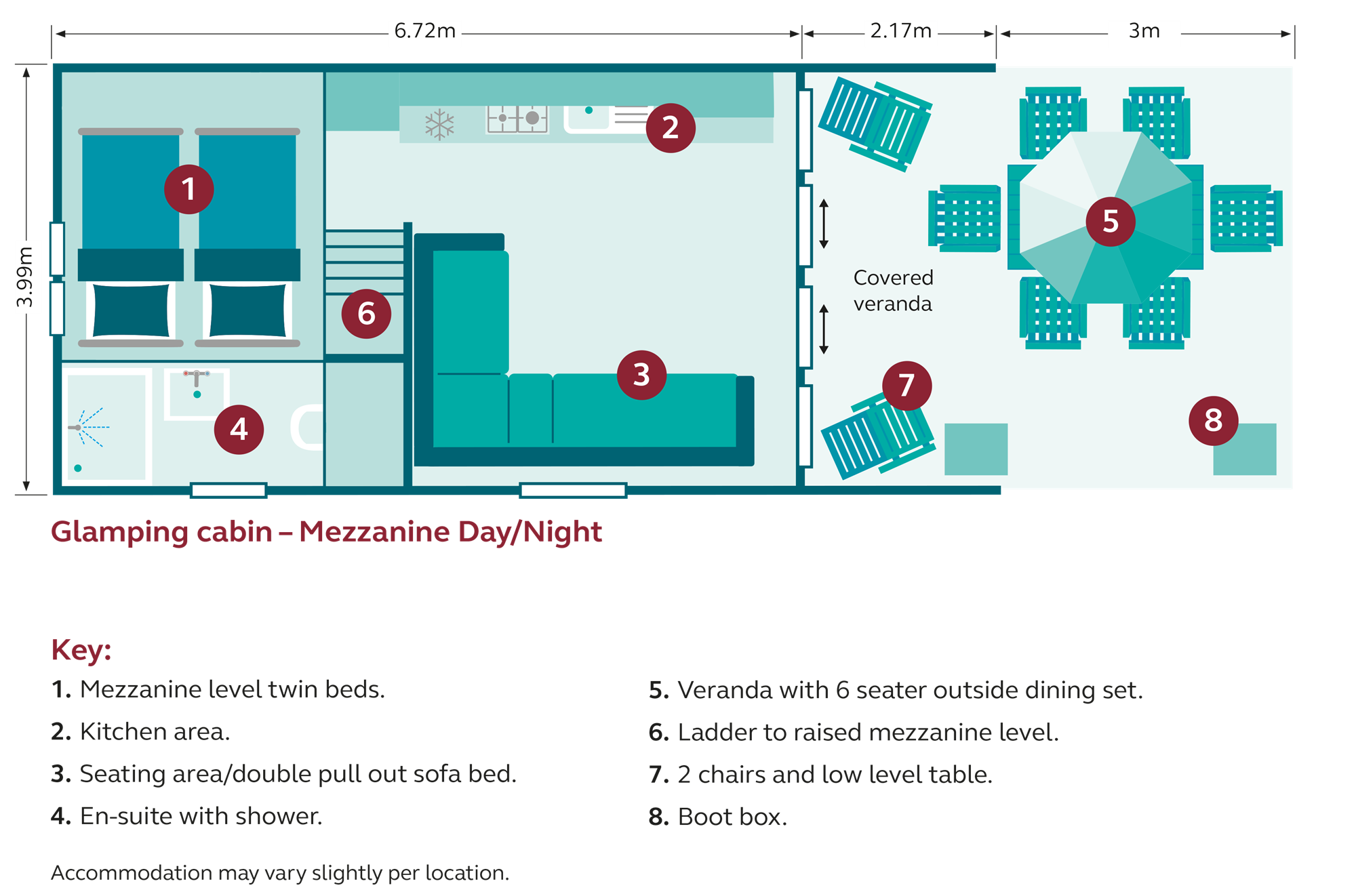 day and night floor plan showing mezzanine for glamping cabin s