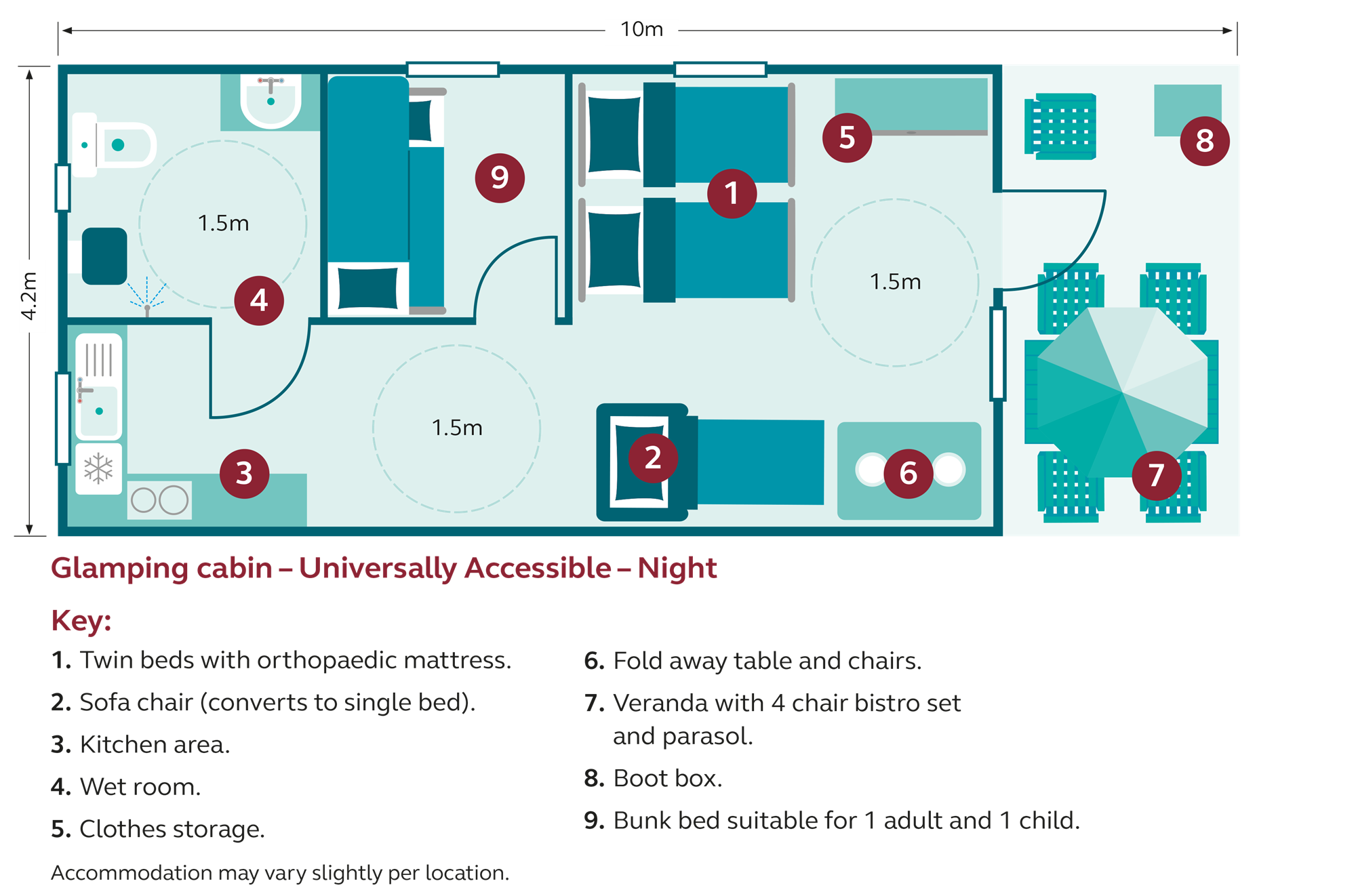 night floor plan for universally accessible glamping cabins