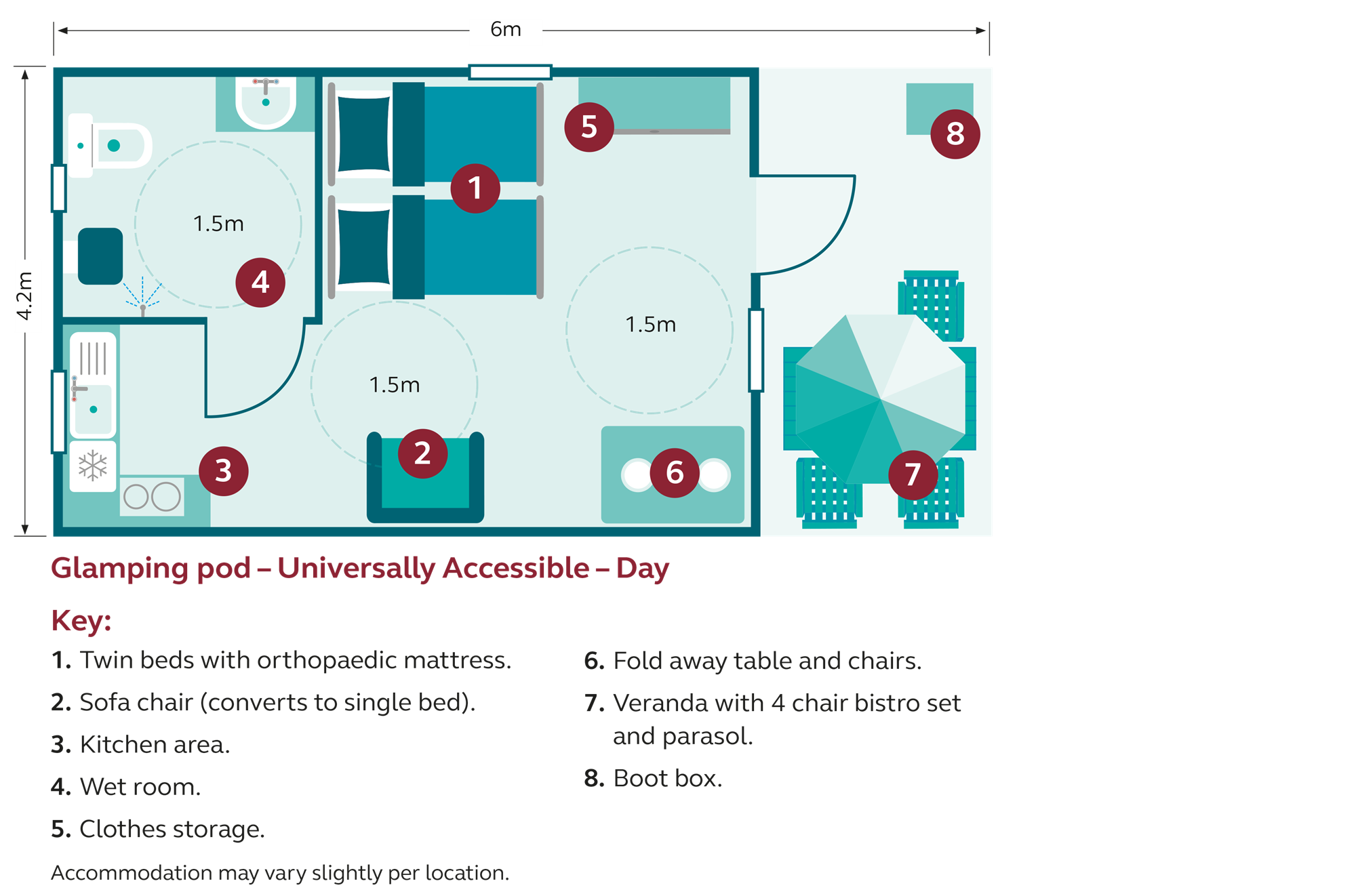 day floor plan for universally accessible glamping pods