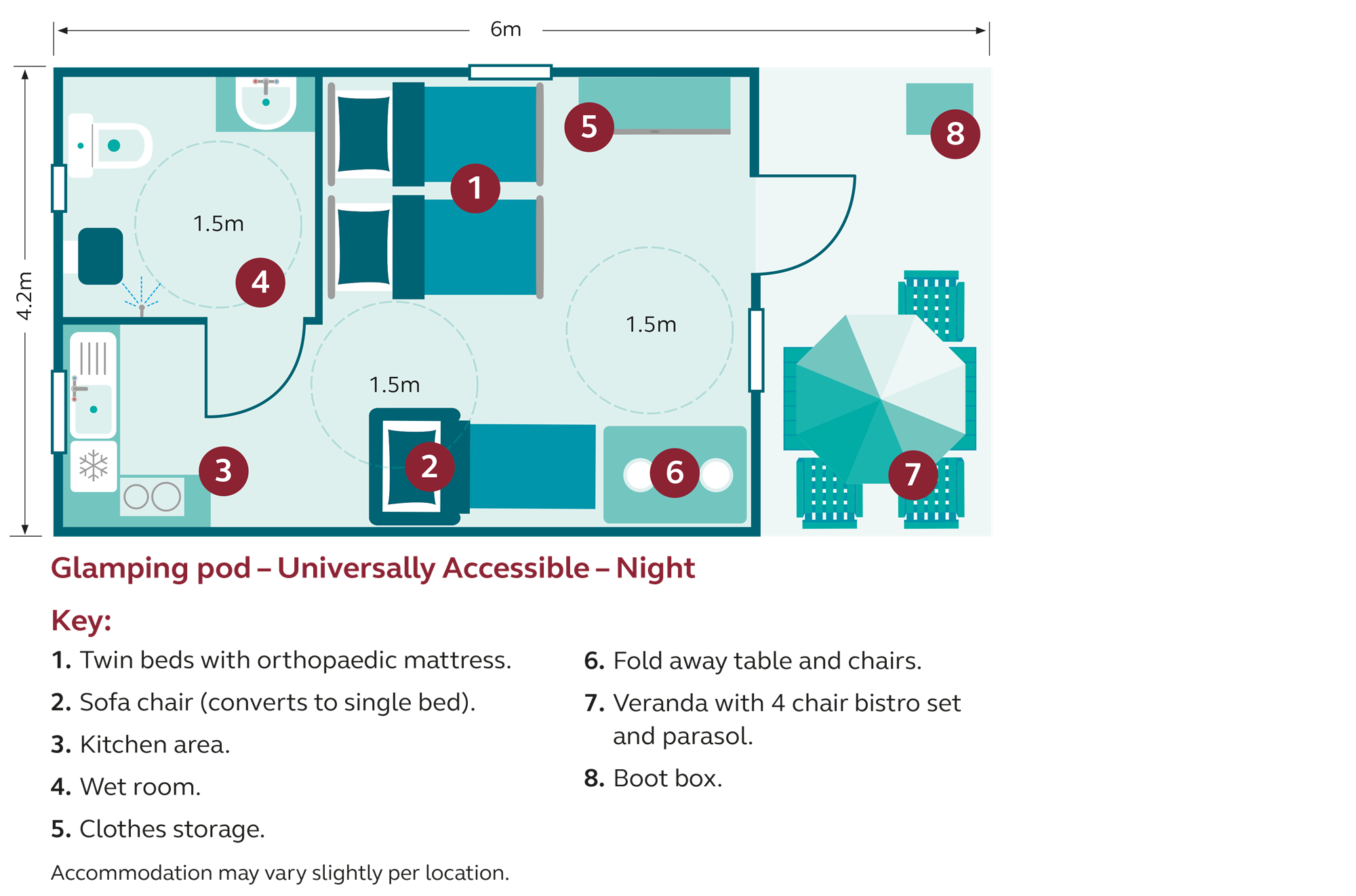 night floor plan for universally accessible glamping pods