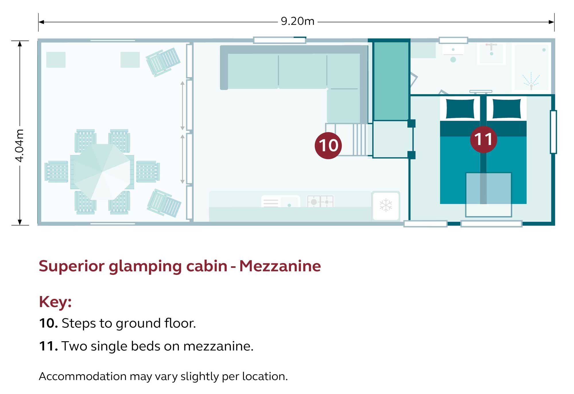 floor plan showing twin beds on the mezzanine