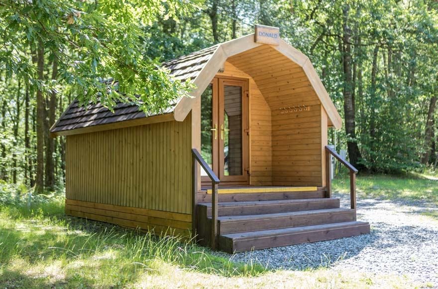 a wooden camping pod nestled in trees 