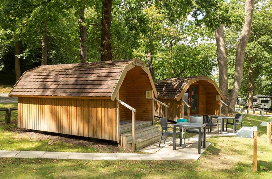 camping pod surrounded by trees 