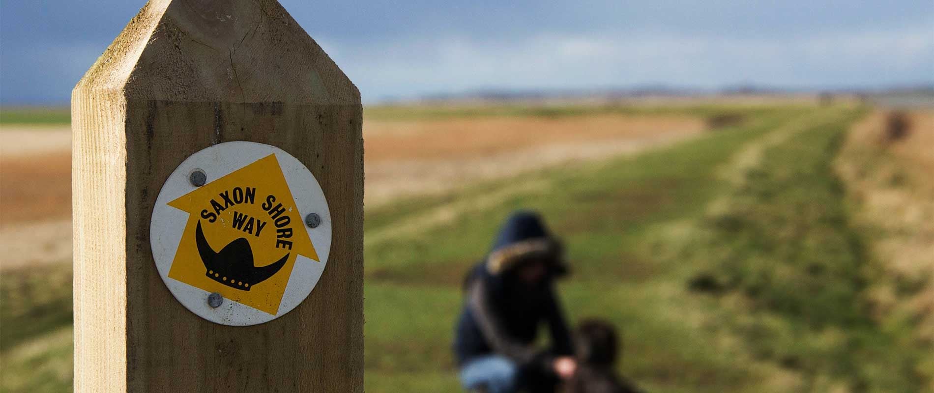 a yellow arrow way finding sign for Saxon Shore Way attached to a wooden post 