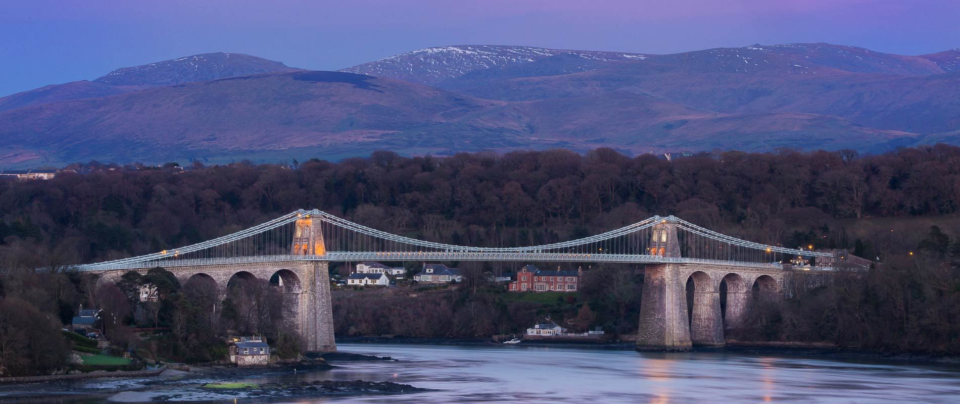 View from mainland Wales of the Menai Bridge, joining the Isle of Anglesey