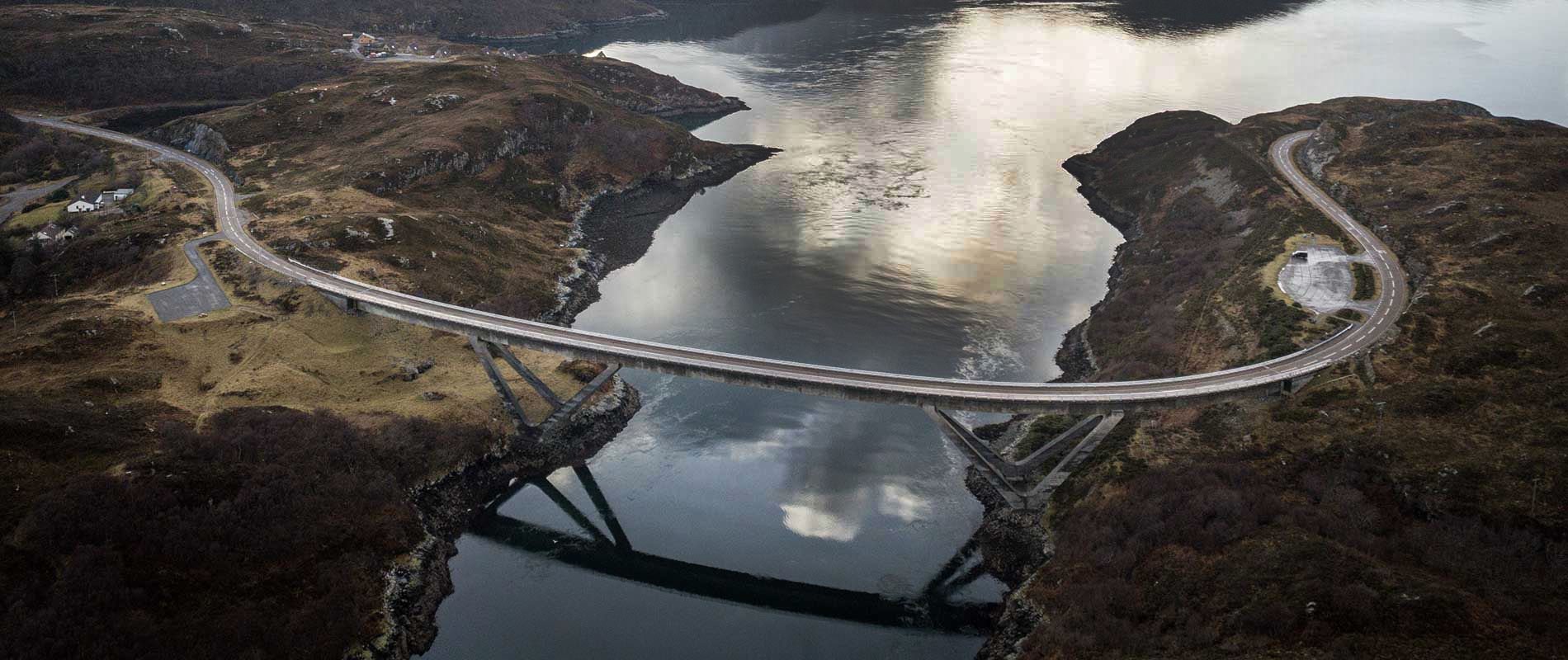 Ariel view of Kylesku Bridge in Lairg, Scotland