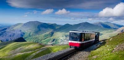 Tram riding along cliff faces of Mount Snowdon