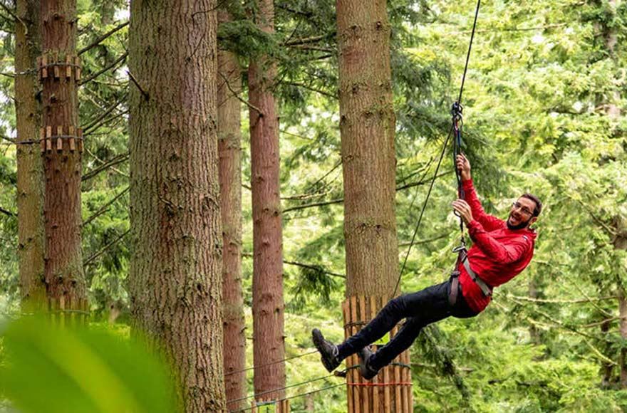 Man swinging from the trees on a zip wire at a go ape experience