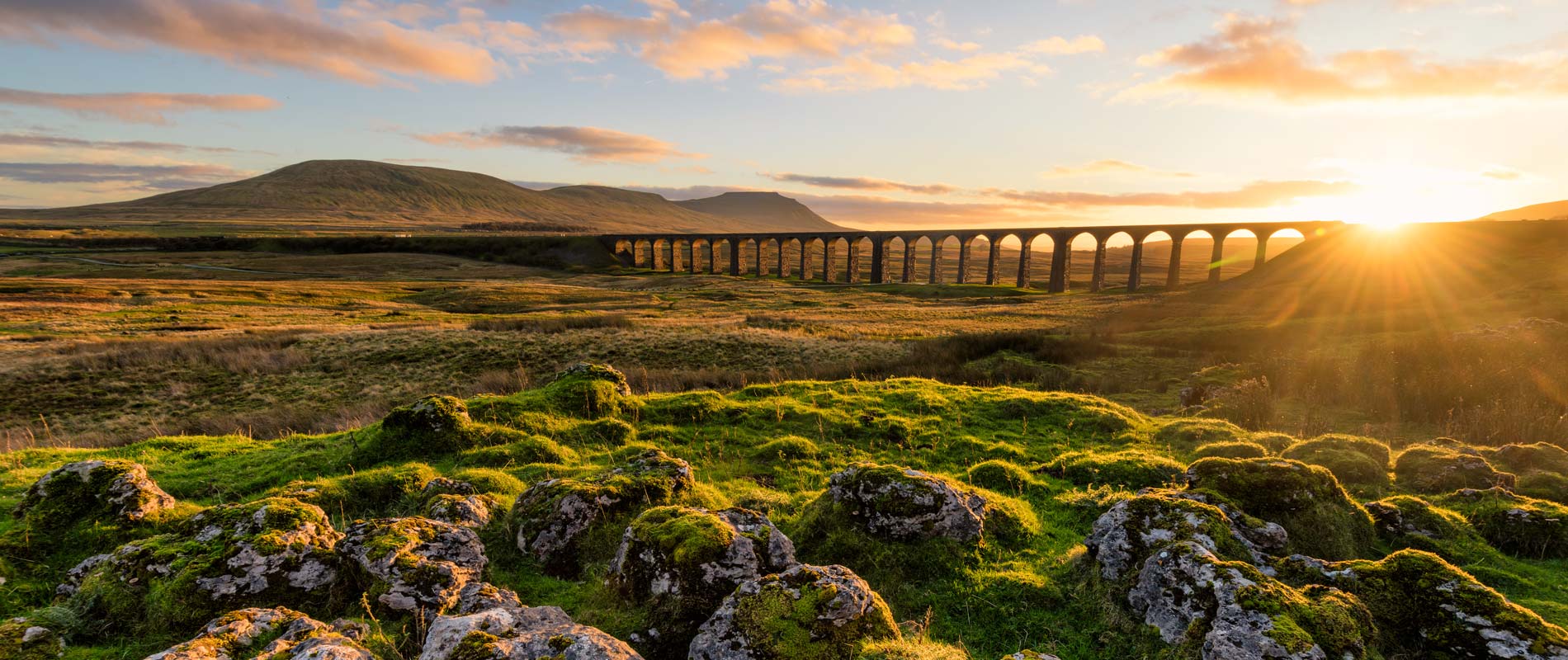 Ribblehead viaduct in North Yorkshire Dales, with moss-covered rocks in the foreground and green open spaces